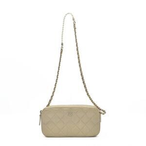 Chanel  Canvas Small Rectangular Leather Chain Clutch Beige Pearl Pearly
